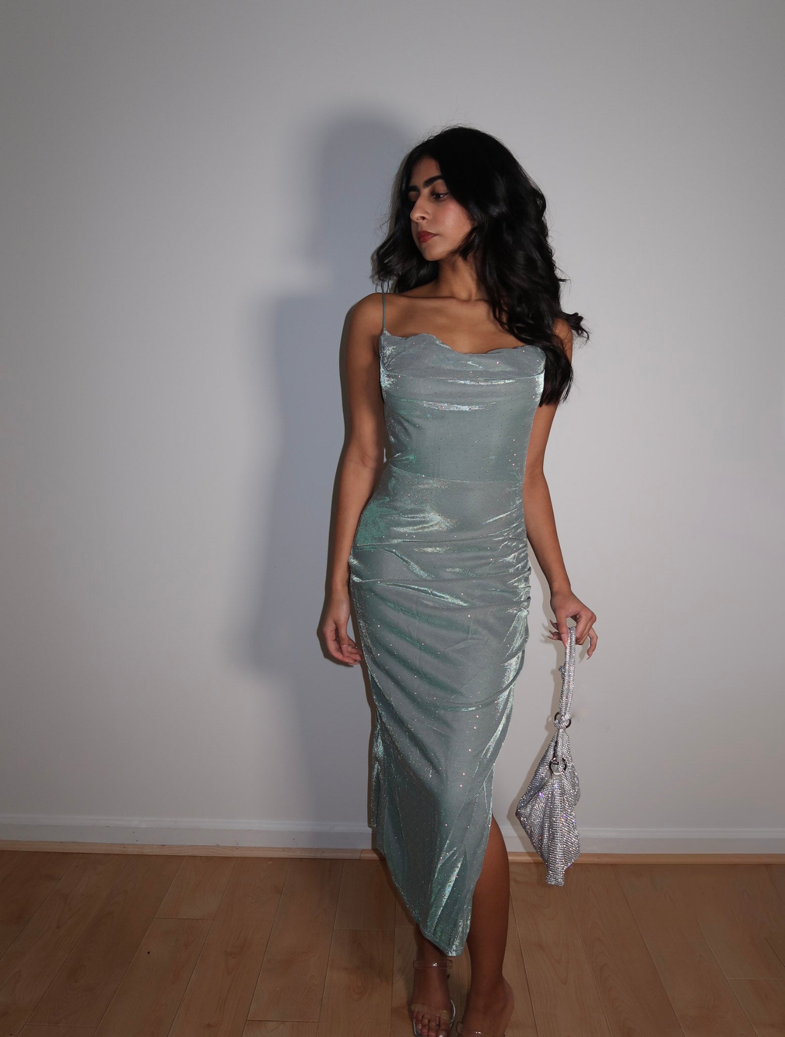 lurex chiffon midi dress with rhinestone belt Chiffon + Lurex Maxi Dress