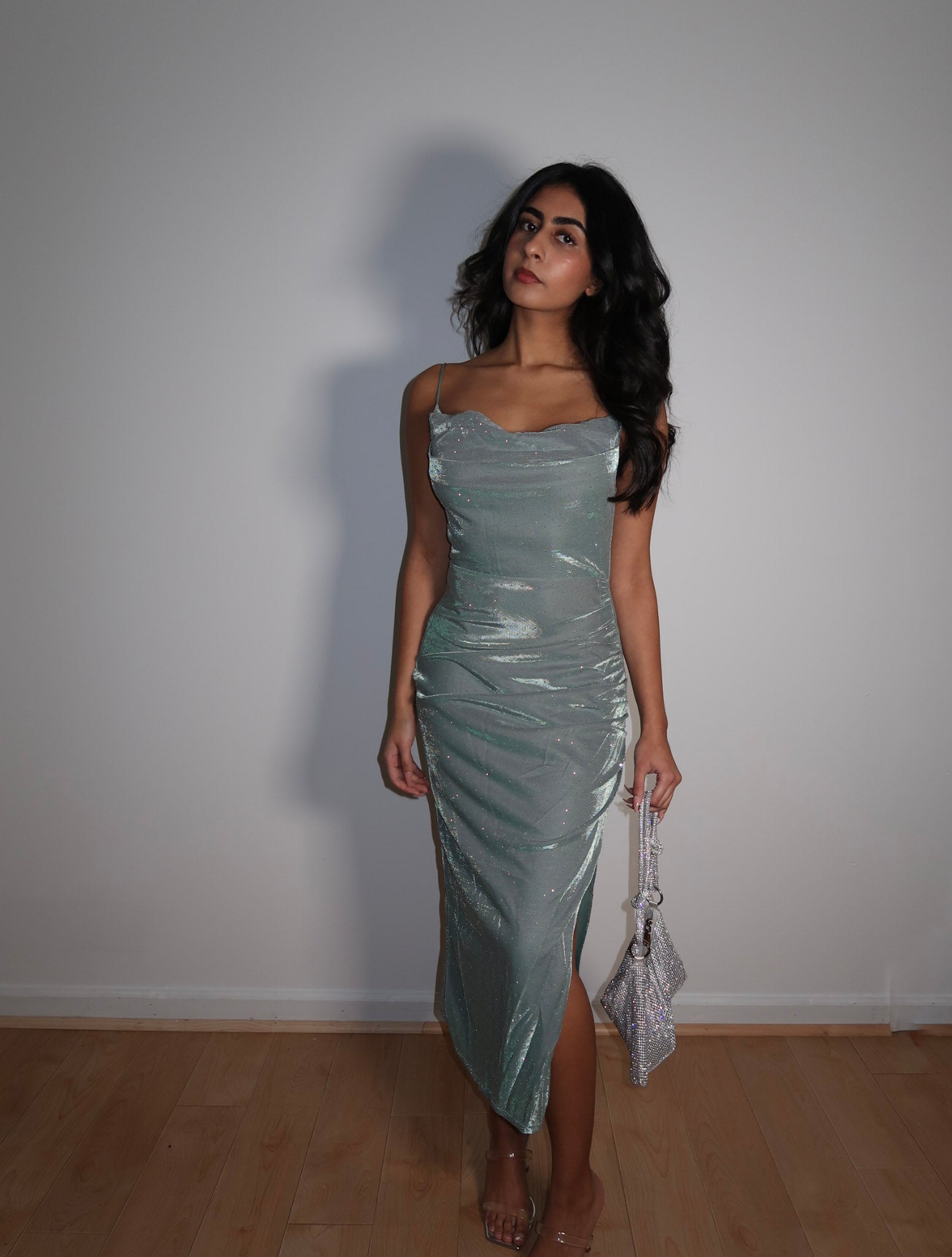Lurex Rhinestone Cowl Neck Midi Dress – Fresh Jasmine